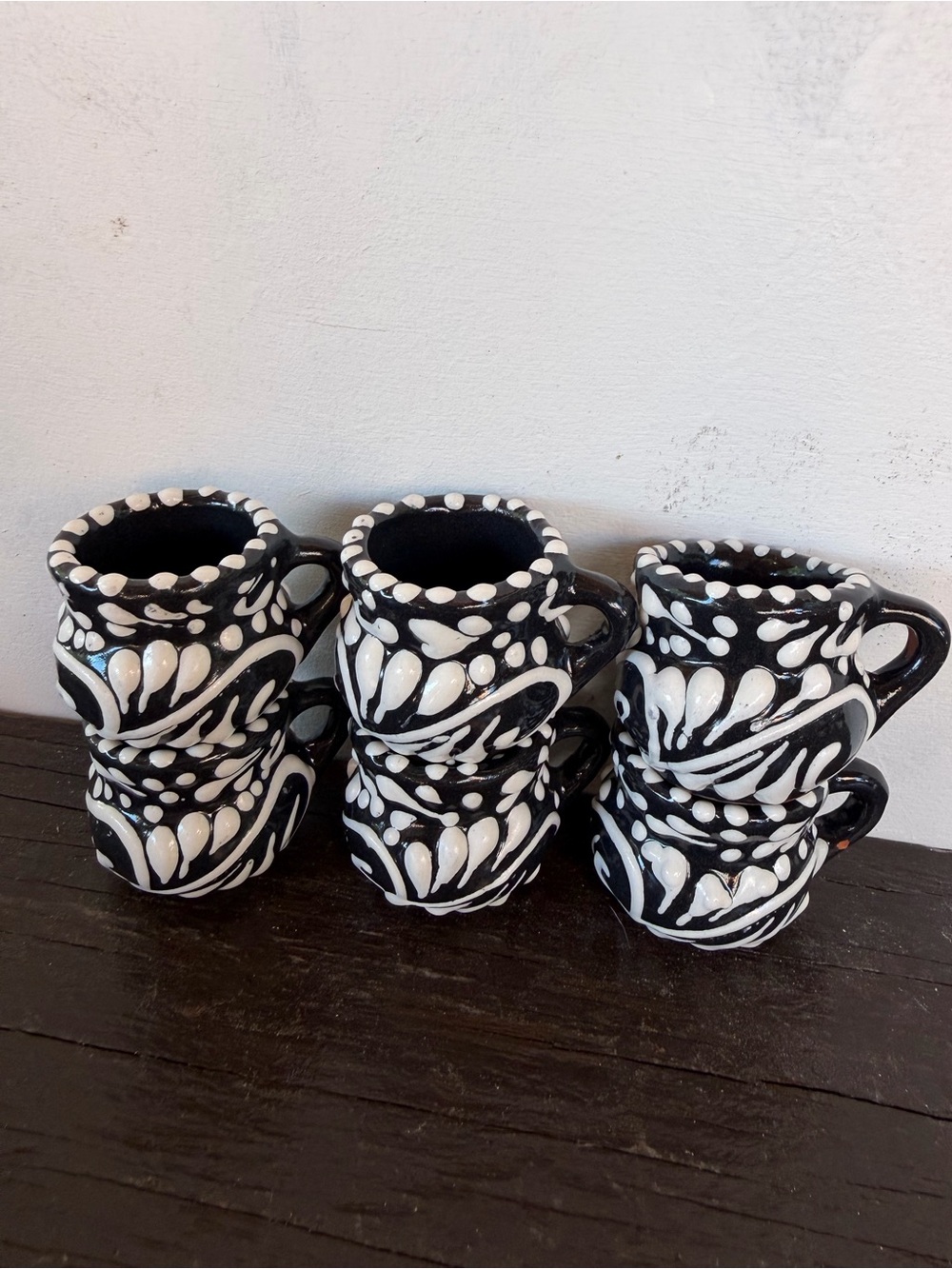 Handcrafted Black & White Talavera Mini Tequila Mugs.